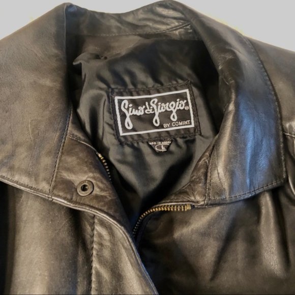 VINTAGE 80s Leather Jacket Black Bomber Oversized Batwing Sleeve Comint Large - Picture 10 of 16